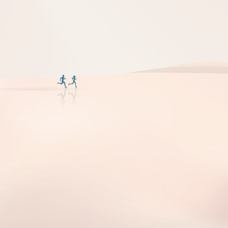 Man and woman running on the beach in morning haze. Active sports lifestyle illustration with jogging couple.のイラスト素材