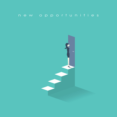 Businesswoman standing on top of stairs in front of doors. Business symbol of new opportunities and career progress.のイラスト素材