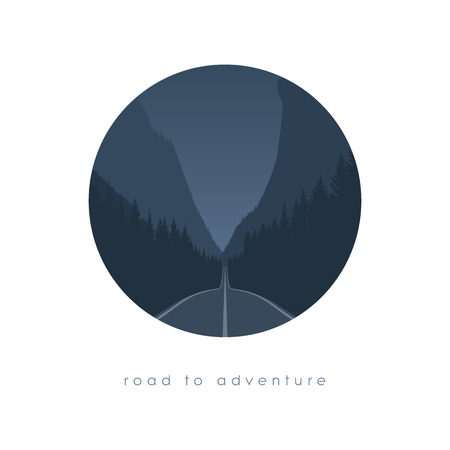 Road to nowhere concept with freeway leading to forest and canyon or valley. Traveling to nature. Escape or new beginning adventure concept.のイラスト素材