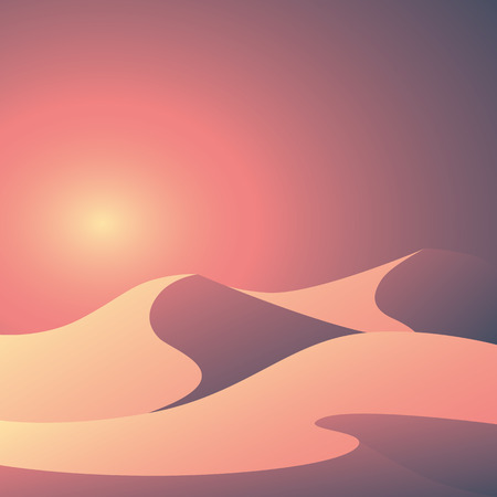 Desert landscape vector illustration. Beautiful colorful sunset scene with elegant curvy sand dunes and soft pastel gradients.のイラスト素材