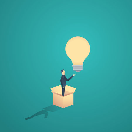 Think outside the box motivational business concept vector. Creativity symbol with business man standing in a box and a lightbulb.のイラスト素材