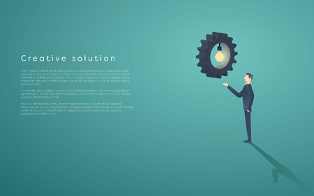 Creative solution presentation with lightbulb, gears and a business man. Creativity concept vector background, space for text.のイラスト素材