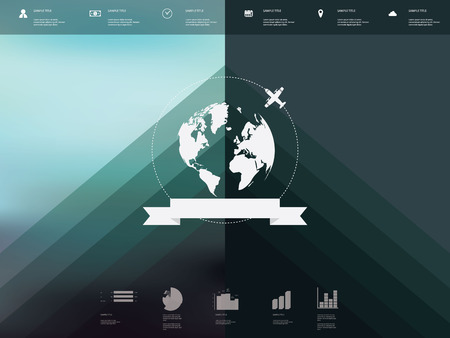 Blurred background user interface with globe badge and ribbon element. Vintage style gradient mesh vector. Pink, purple, violet colors. Travel infographics icons for websites or presentations.のイラスト素材