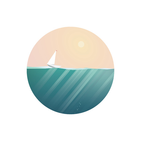 Summer holidays concept illustration with ocean view in some exotic location. Sailboat or yacht as symbol of traveling and adventure. Polygonal style.のイラスト素材