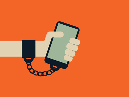 Smartphone, internet, technology addiction vector concept with hand chained to the phone. Eps10 vector illustration.のイラスト素材