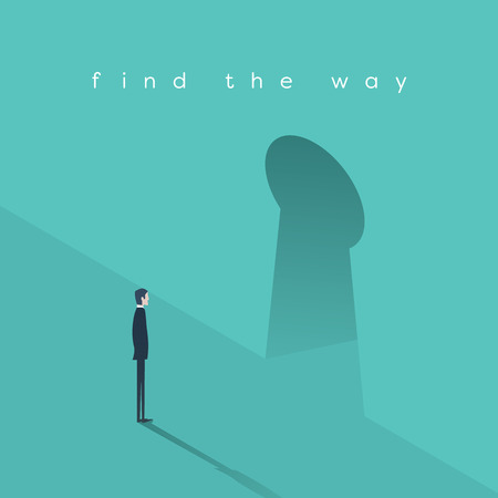Businessman standing in front of keyhole as a symbol of finding business solution to a problem. Eps10 vector illustration.のイラスト素材