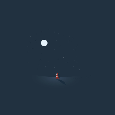 Santa Claus walking in snow on Christmas night with moon shining. Minimalistic style vector cartoon for holiday. Eps10 vector illustration.のイラスト素材