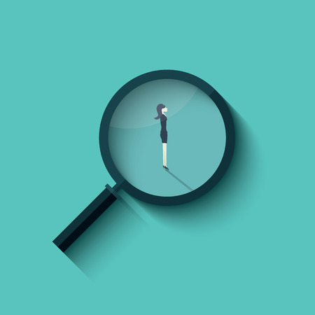 Hiring business vector concept with business woman in magnifying glass. Eps10 vector illustration.のイラスト素材
