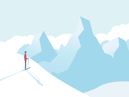 Skiing in mountains vector illustration with skier and high peaks in background. Winter sports and landscape. Eps10 vector illustration.のイラスト素材