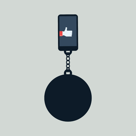Break free from smartphone and technology addiction vector concept. Mobile phone with ball chained to it.のイラスト素材