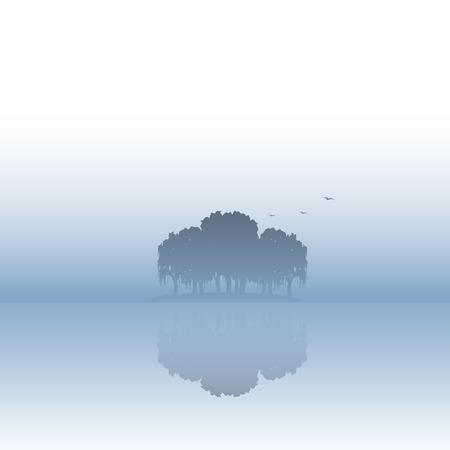 Island landscape vector illustration with fog or mist atmosphere. Calm, serene, tranquil nature scenery.のイラスト素材
