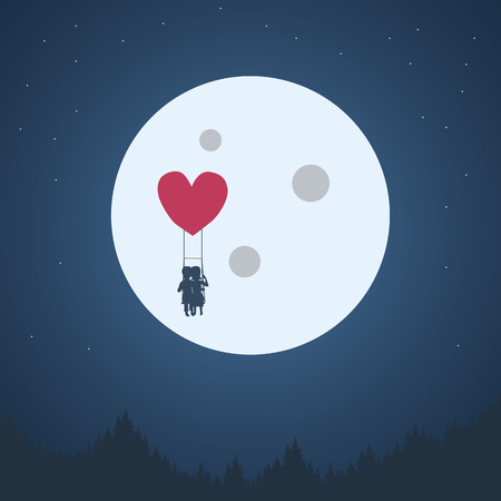 Valentines day romantic background. Boy and girl cute adorable couple in love flying with heart shape balloon at night under moon. Valentine card wallpaper.のイラスト素材