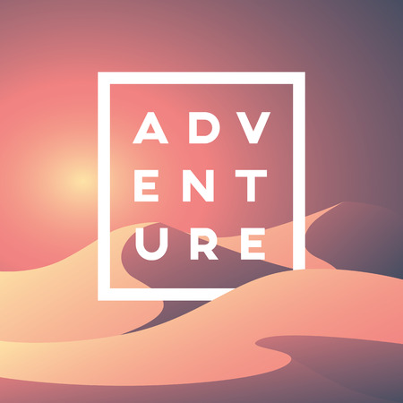 Adventure concept in wild nature, desert landscape in orange sunset color.のイラスト素材