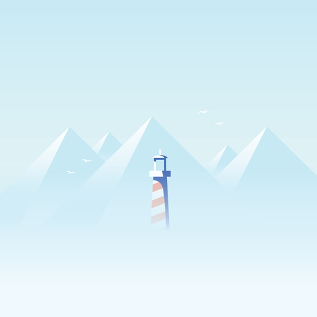 Lighthouse in dense fog or mist on the ocean, sea coast with mountains in the background landscape. Eps10 vector illustration.のイラスト素材