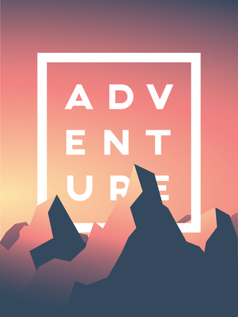 Mountain adventure vector illustration with high peaks in sunset or sunrise. Nature landscape concept for traveling, climbing, extreme sports promotionの写真素材