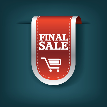 Final sale red ribbon vector tag icon for product promotion and shopping. Bookmark 3d design with realistic shadows.のイラスト素材
