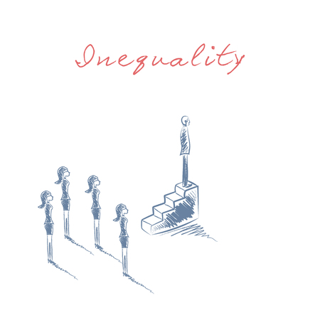 Business male manager or boss standing on higher position, woman on lower. Business career and opportunities inequality concept in hand drawn vector sketch design. Eps10 vector illustration.のイラスト素材