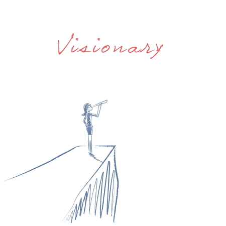 Visionary leadership concept vector illustration with business woman looking through telescope from a cliff. Hand drawn sketch design. Eps10 vector illustration.の写真素材