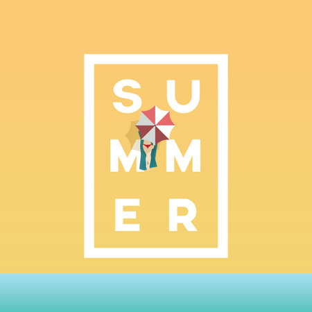 Summer poster with woman in bikini lying on beach under umbrella. Summer holiday or vacation...