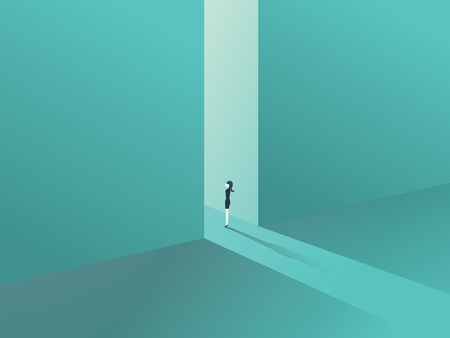 Businesswoman standing in a gate as a symbol of business opportunities, challenge, vision and future.のイラスト素材