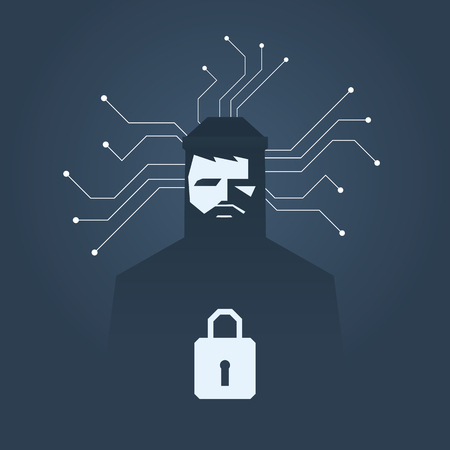 Computer hacker and ransomware vector concept. Criminal hacking, data theft and blackmailing symbol.のイラスト素材