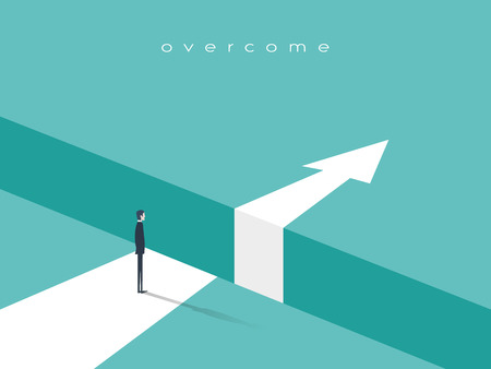 Business challenge or obstacle vector concept with businessman standing on the edge of gap, chasm with arrow going through. Concept of courage, bravery, risk.のイラスト素材
