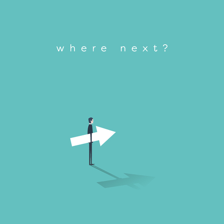 Business career move concept vector with businessman making a decision about his future career and corporate ladder. Businessman holding arrow. Eps10 vector illustration.のイラスト素材
