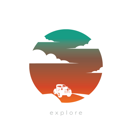 Car traveling freestyle independent traveler vector concept with old vintage pickup truck against sunset background. Symbol of freedom, wanderlust.の写真素材