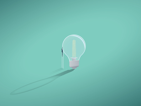 Business creativity vector symbol with businessman standing next to lightbulb. Eps10 vector illustration.のイラスト素材