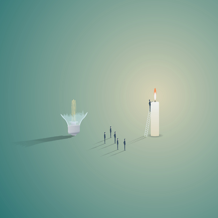 Think outside the box solution with broken lightbulb and candle burning and small team finding solution. Eps10 vector illustration.のイラスト素材