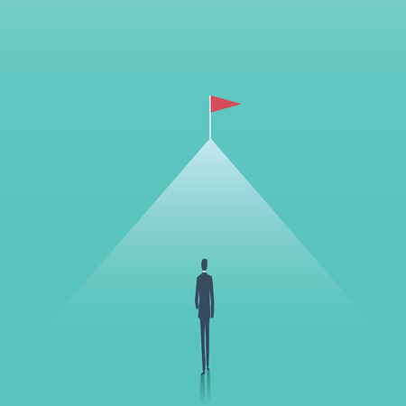 Business goal and challenge vector concept. Businessman walking towards top of the mountain. Symbol of aspiration, future, progress, achievement, motivation. Eps10 vector illustration.のイラスト素材