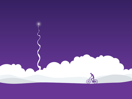 Cyclist in abstract futuristic landscape with rocket launch. Symbol of active healthy lifestyle in future. Eps10 vector illustration.のイラスト素材