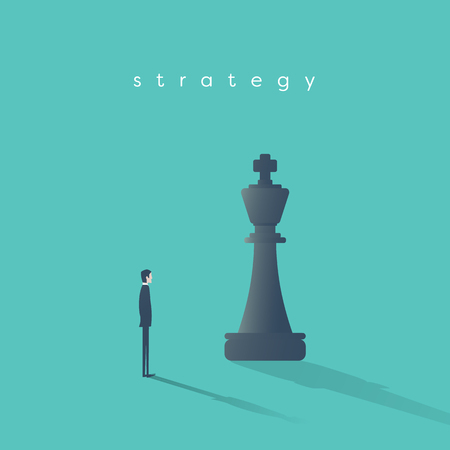 Business strategy concept vector with businessman and chess king piece. Symbol of competition, planning, game, motivation, ambition.のイラスト素材