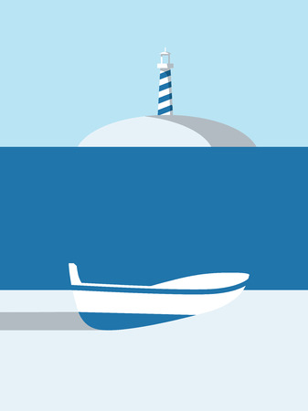 Summer poster vector art with boat on the beach and lightouse on island in the background.のイラスト素材
