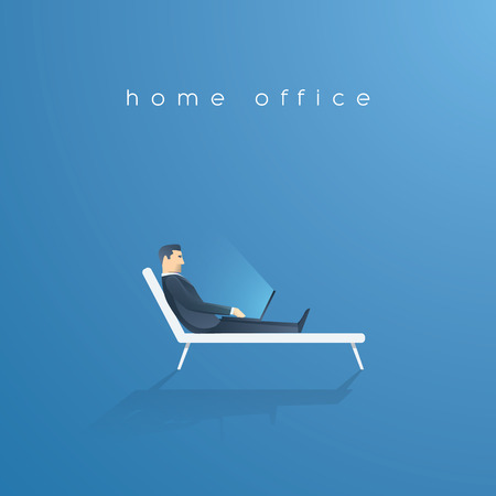 Business home office vector concept. Businessman working on laptop while sitting on sunbed, relaxed, happy and stress free.のイラスト素材
