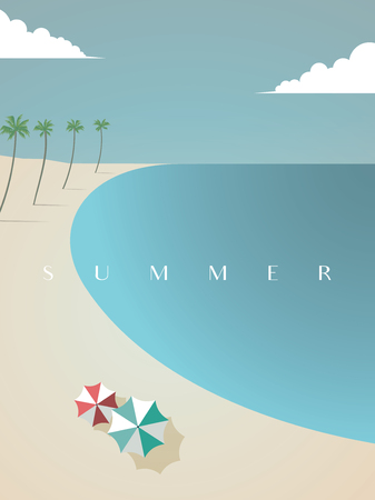 Beautiful summer beach vector poster template with sun umbrellas and palm trees. Eps10 vector illustration.の写真素材