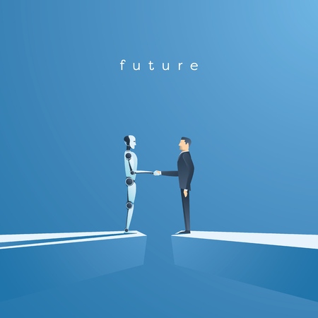 AI or artificial intelligence vector concept with AI robot handshake with human. Symbol of future cooperation, technology advance, innovation.のイラスト素材