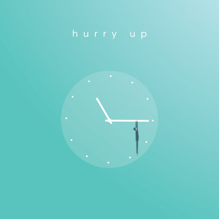 Business deadline vector concept with businessman hanging on clock face. Symbol of time management,...