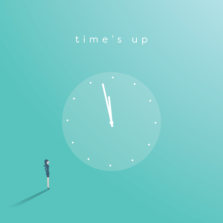 Times up movement vector concept with businesswoman staring at clock. Symbol of inequality, equal rights, gender gap in business, politics.のイラスト素材