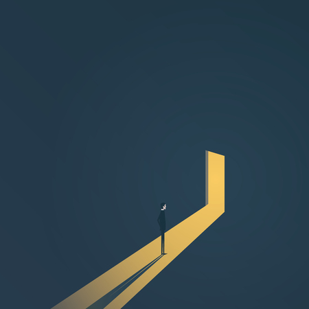 Business finding solution vector concept with businessman standing in dark, light coming out of the door.のイラスト素材