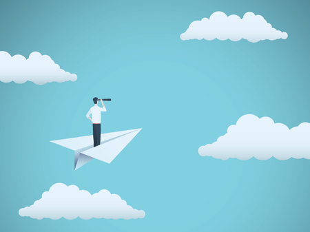 Business vision vector concept with businessman and telescope on paper plane. Symbol of business, leadership, future, progress, strategy, motivation, ambition, achievement vector illustration.のイラスト素材