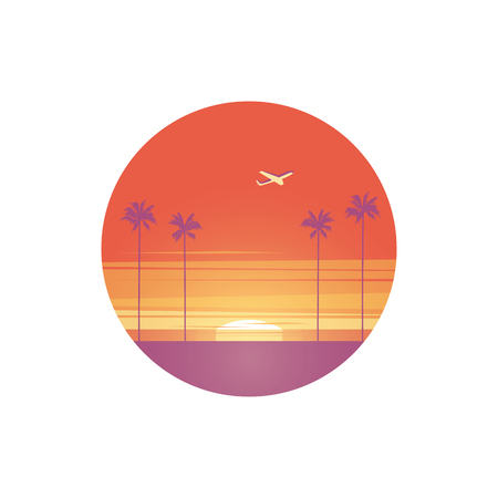 Summer symbol vector with airplane flying above beach with palm trees in sunset.のイラスト素材