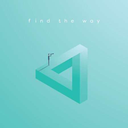 Finding solution business vector concept with businessman standing on impossible geometric shape. Symbol of vision, leadership, creativity, challenge, opportunityのイラスト素材