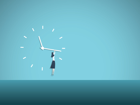 Time's up movement vector illustration concept with woman hanging on clock face. Symbol of progress, equal opportunities, salary gap, gender issues. Eps10 vector illustration.のイラスト素材