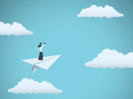 Business vision or visionary vector concept with businesswoman on paper plane with telescope. Symbol of woman leader, succes, ambition, leadership, future. Eps10 vector illustration.の写真素材