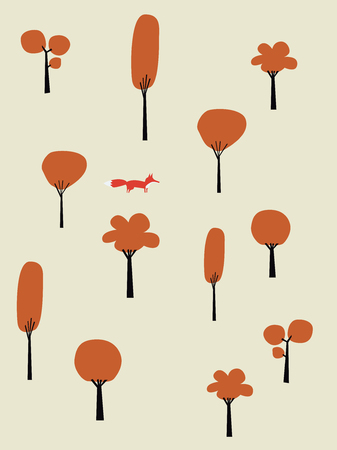 Orange trees vector autumn landscape. Fox walking in forest, woods in fall. Foliage on trees. Eps10 vector illustration.のイラスト素材