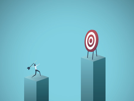 Business objective and strategy vector concept. Businesswoman throwing dart at target. Symbol of business goals, aims, mission, opportunity and challenge. Eps10 vector illustration.のイラスト素材