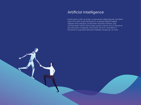Artificial intelligence robot helping human vector concept. Symbol of future technology, support, cooperation and collaboration between technology and people.のイラスト素材