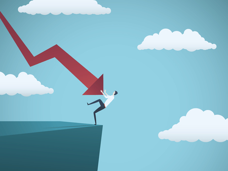 Bankrupt businessman falling off a cliff, pushed by downward arrow. Symbol of bankruptcy, failure, recession, crisis and financial losses on stock exchange market. Eps10 vector illustration.のイラスト素材
