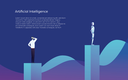 Human versus Artificial Intelligence vector concept. AI bot superior to businessman. Symbol of technology advance, innovation, future.のイラスト素材